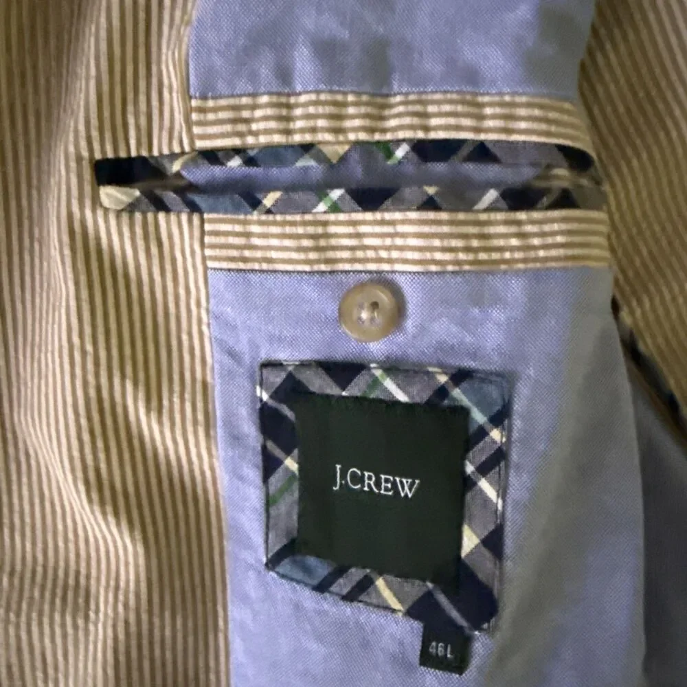 J Crew Seersucker Blazer Mens Size 46 Long Khaki White Striped Cotton Sport Coat